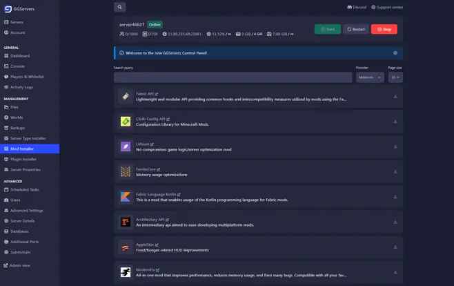 GGServers Minecraft Server Hosting Control Panel